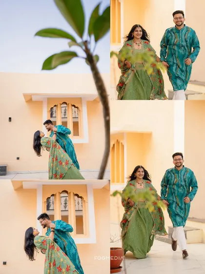 A collage of the couple's playful and romantic moments during their Haldi celebration.
