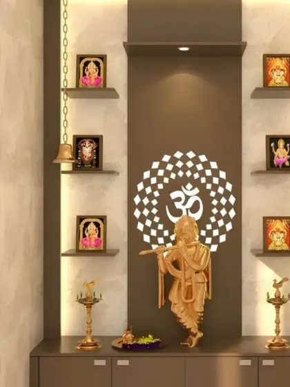 In this design, a backlit geometric Om pattern provides a modern spiritual symbol. The light draws attention to the central Krishna idol, while shelves on either side are perfect for displaying a collection of smaller deities.