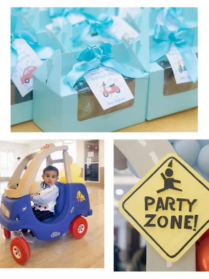 A duplicate image collage showing the fun details and party favors from our vehicle-themed event.