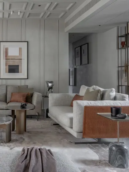 The interplay of different seating elements in the Skyward Residence. The custom sofa with a woven leather back is a great example of our focus on unique, handcrafted details.