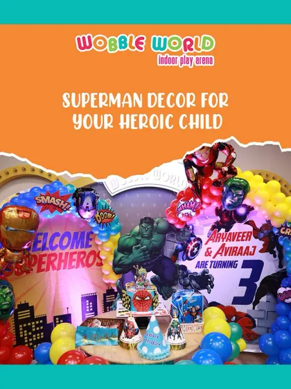 A closer look at the superhero decor, highlighting the dynamic backdrop with Hulk, Iron Man, and Captain America, perfect for a heroic child's party.