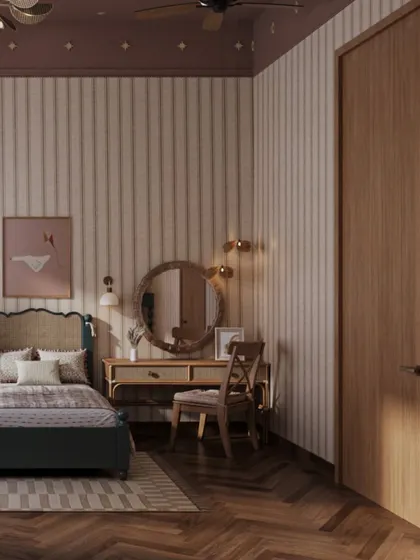 A quiet corner is transformed into a simple vanity or study area. The warm wood tones of the desk and chair complement the room's soft, neutral wallpaper, creating a functional space that feels integrated and calm.