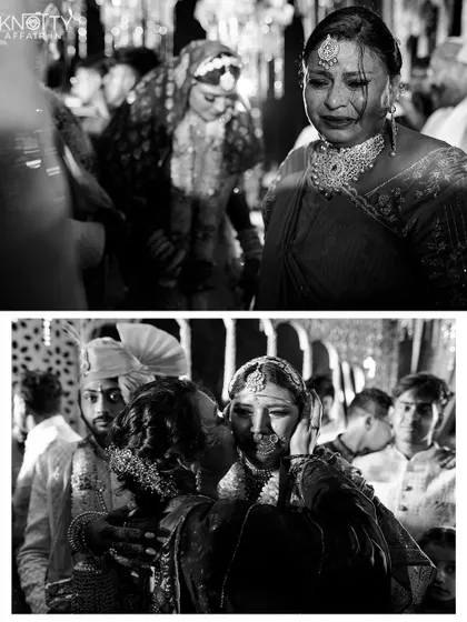 The raw, emotional moments of the vidaai ceremony captured in powerful black and white. We focus on the tears and hugs that signify this poignant transition.