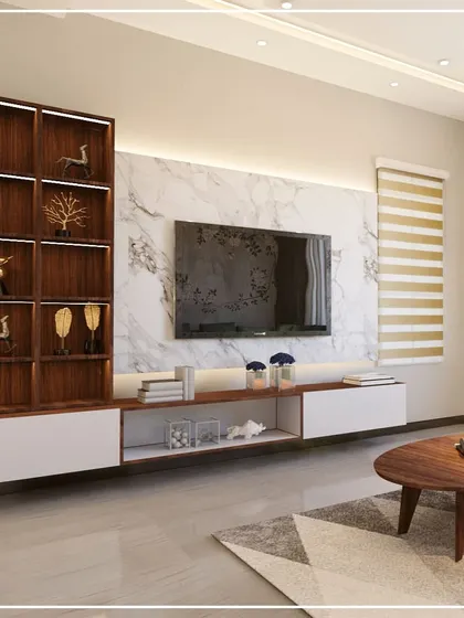 This 3D render showcases a contemporary TV unit design against a marble-clad wall. The combination of open and closed storage provides both display and functional space.