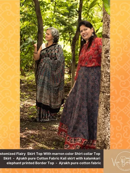 Another beautiful photo showcasing our custom Ajrakh skirt and top alongside a classic Ajrakh saree. It highlights the versatility of our collection.