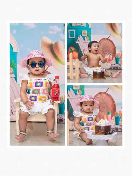 A fun collage from the beach-themed cake smash. It combines a cool portrait shot with the messy, happy moments of the baby enjoying the cake.