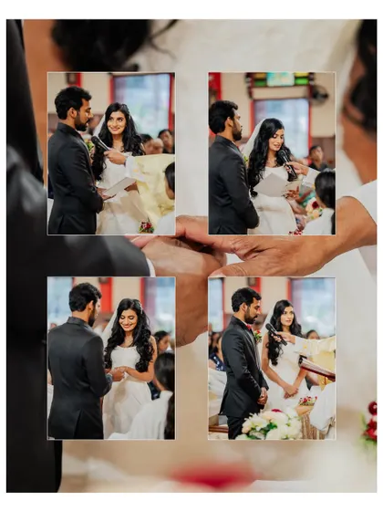 A creative collage of the couple exchanging vows, seen from the perspective of a guest. This framing makes the viewer feel like they are part of the ceremony.