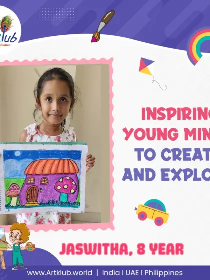 Eight-year-old Jaswitha explores her creativity with this magical mushroom house painting.