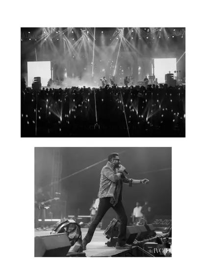 The grandeur of a live concert at a wedding. These black and white shots focus on the scale of the performance and the energy of the crowd, creating a rockstar atmosphere.