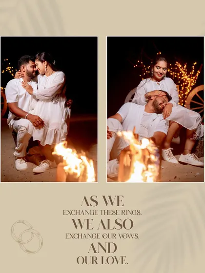 A romantic collage of the couple by a bonfire at night, creating a warm and intimate atmosphere.