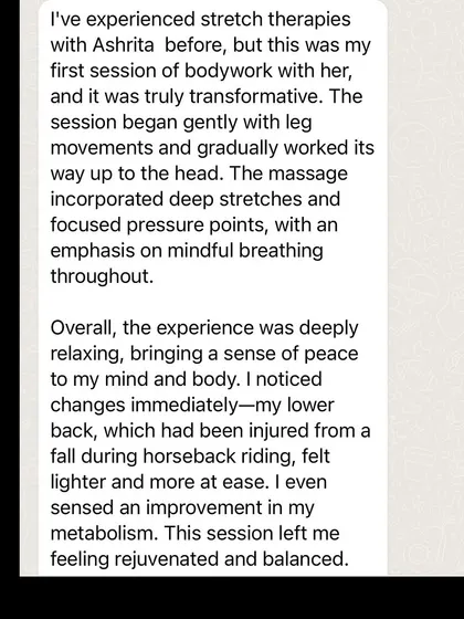 A detailed review from a client who found my bodywork transformative. She notes immediate changes in her lower back pain from a previous injury and an overall feeling of being rejuvenated and balanced.
