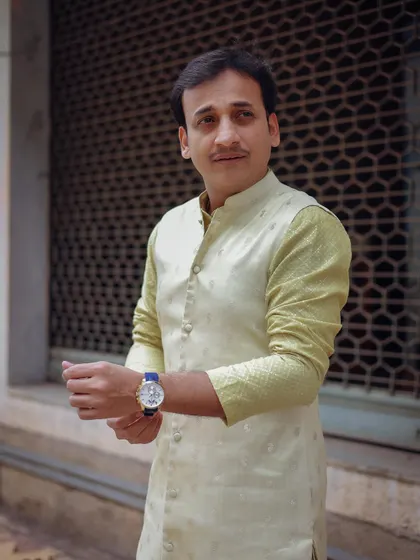 A closer look at the textured fabrics and subtle patterns of the ethnic wear I chose for Sankarshan Karhade.