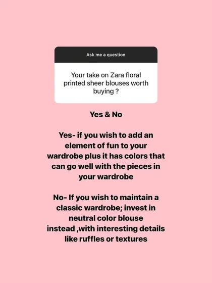 A client asked if Zara's floral sheer blouses are worth buying. My answer is yes and no. It depends on your personal style goals, whether you want to add a fun element or maintain a classic, timeless wardrobe.