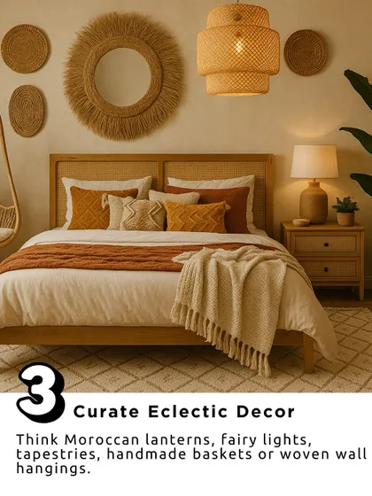 To achieve a boho-chic bedroom, curate eclectic decor. This space combines a woven rattan mirror, a hanging chair, and layered textiles on the bed to create a relaxed and artistic atmosphere.