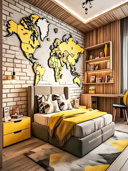 A travel-themed bedroom perfect for an adventurous spirit. The design features a large 3D world map on a brick accent wall, with a coordinated color scheme of yellow and gray for a modern and energetic feel.