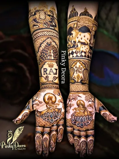 A full bridal arm design dedicated to Shreenathji, blending deep faith with intricate artistry. This piece features detailed depictions of the deity, temple architecture, and holy cows, creating a canvas of blessings for the bride.