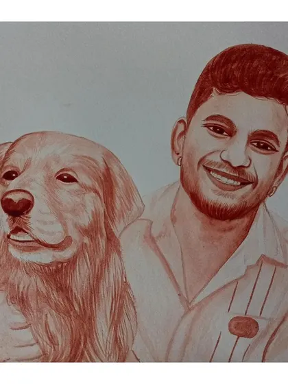 A cheerful blood portrait of a man and his Golden Retriever. I love capturing the connection between people and their pets.