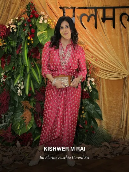Kishwer M Rai looking chic in the Florine Fuschia Co-ord Set. This modern take on festive wear, with its draped skirt, is perfect for a cocktail party.