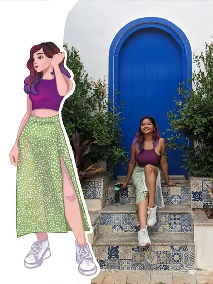 A casual and chic look from my travels, translated into a stylized character illustration. It's a fun way to document your travel style.