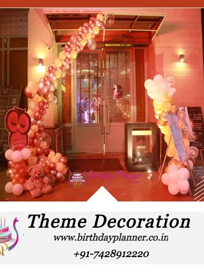 An adorable Owl theme entrance decoration. We used a warm color palette and a cute owl cutout to create a welcoming and unique entryway for the party.