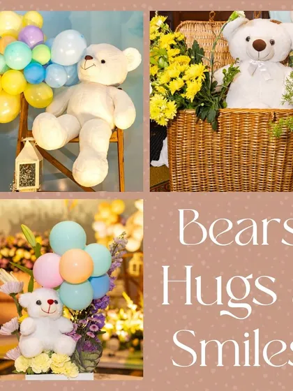 A collage titled 'Bears, Hugs & Smiles' showcasing the various teddy bear decorations, from balloon arrangements to props in baskets, that brought warmth and charm to the baby shower.