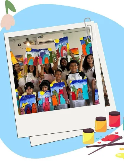 A polaroid-style graphic capturing the fun of a kids' paint party. These are the core memories we love to help create.