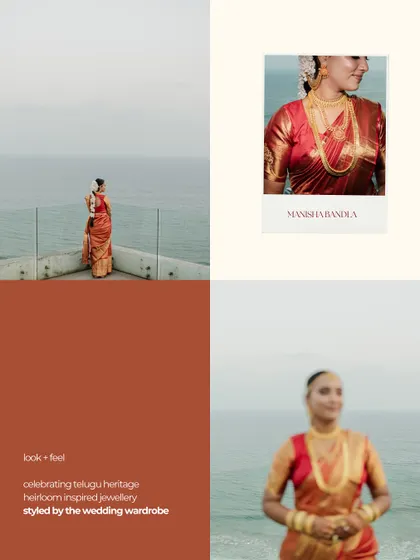 A lookbook collage capturing the feel of the Telugu heritage wedding, with heirloom-inspired jewellery and a classic red Kanjeevaram saree.