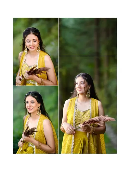 A collage of portraits of the bride at her Mehandi. The images capture her beauty and the serene forest location.