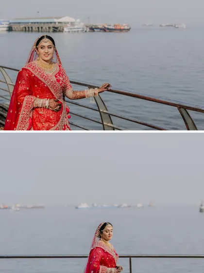 A diptych of the bride, Aditi, posing against the backdrop of the sea, her red lehenga a vibrant splash of color against the water.