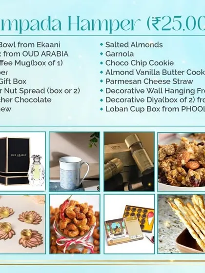 Here are the contents of the 'Sampada Hamper'. This selection includes a mix of our baked goods, gourmet nuts, and premium gift items like mugs and fragrances.