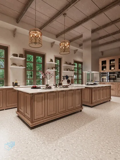 The haveli's kitchen is designed for both function and beauty, with two large islands providing ample workspace. Wooden cabinetry and a beamed ceiling maintain the home's earthy, traditional feel, while modern appliances ensure contemporary convenience.