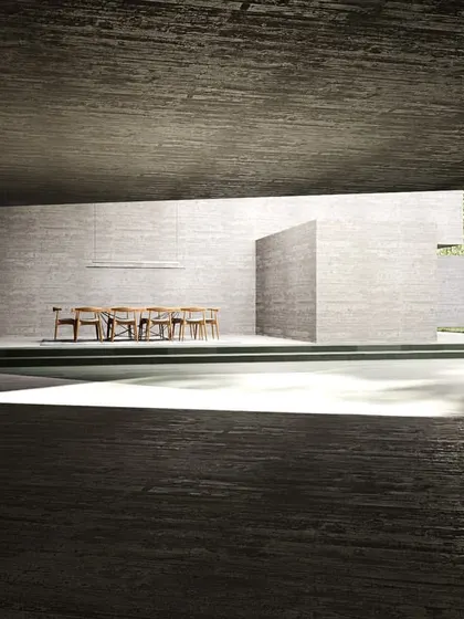 A conceptual view of the 'Tetris' house, illustrating the dramatic contrast between the dark, heavy overhang of the structure and the light-filled courtyard below.