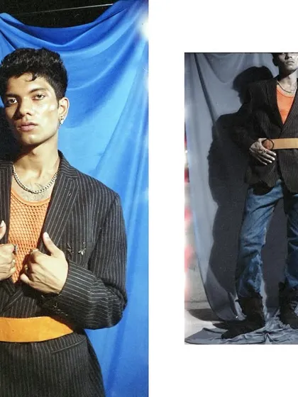 A diptych of two 35mm film portraits against a vibrant blue backdrop. The warm tones and slight grain of the film add a nostalgic quality to the contemporary styling.