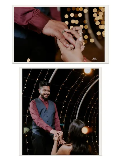 A collage showing the moment of the proposal and the couple holding hands.