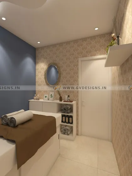 Another view of a spa treatment room, showcasing a patterned accent wall and practical storage solutions. The design ensures all necessary tools and products are within easy reach for the therapist while maintaining a clean and serene environment for the client.