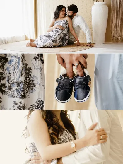 A collage that includes a detail shot of the baby's first pair of shoes, a perfect prop for an announcement.