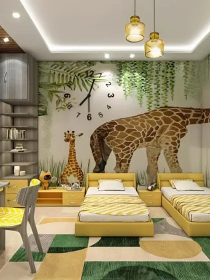 Welcome to the safari! This twin bedroom features a massive giraffe wall mural and a jungle-inspired color palette of green and yellow, creating a fun and adventurous vibe.