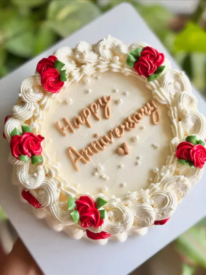 A classic anniversary cake with a vintage touch. The cream-colored buttercream is piped with elaborate swirls and adorned with beautiful red buttercream roses.