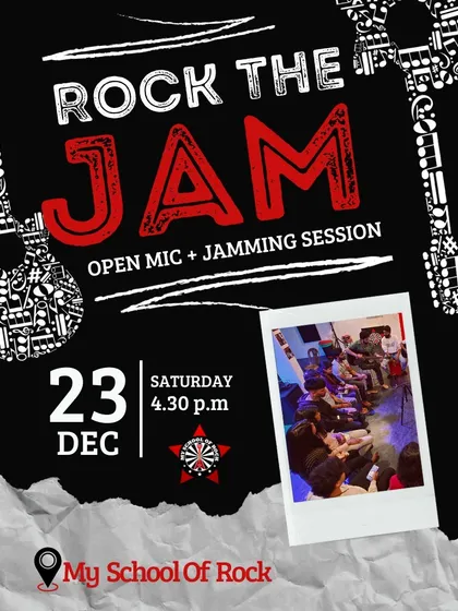 The official poster for "Rock The Jam". This event combines a 30-minute open mic with a full jamming session, giving everyone a chance to perform.