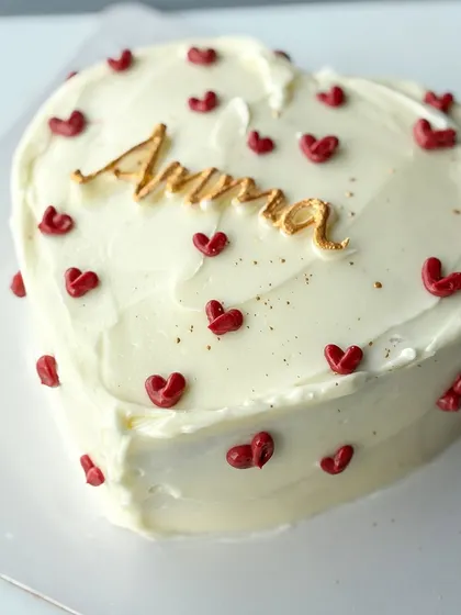 A simple and heartfelt cake for Amma. This heart-shaped cake is covered in white buttercream and decorated with tiny red hearts and a beautiful gold "Amma" script.