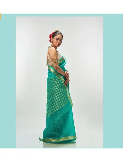 Another side view of the light sea green saree, showcasing its beautiful color and the fine craftsmanship of the weave.