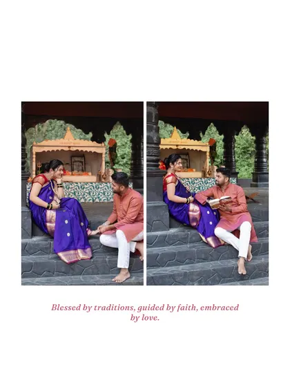 "Blessed by traditions, guided by faith, embraced by love." This diptych captures the couple in a temple setting, reflecting the spiritual side of their journey.