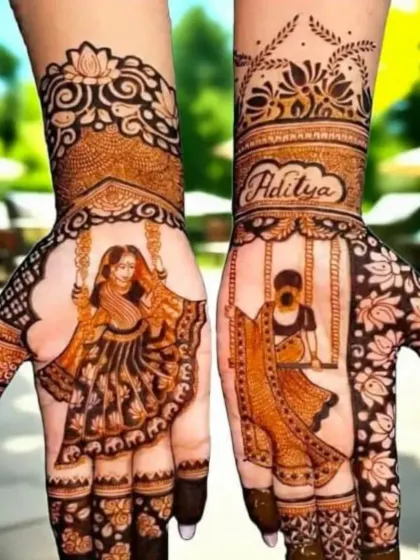A beautiful Teej festival design showing women on swings (jhoolas), with the groom's name 'Aditya' written on the arm.