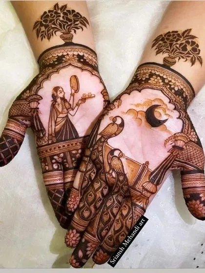 This design brings together all the beautiful elements of Karwa Chauth. It features a woman with her thali, peacocks symbolizing love, and the crescent moon, all tied together with delicate patterns.