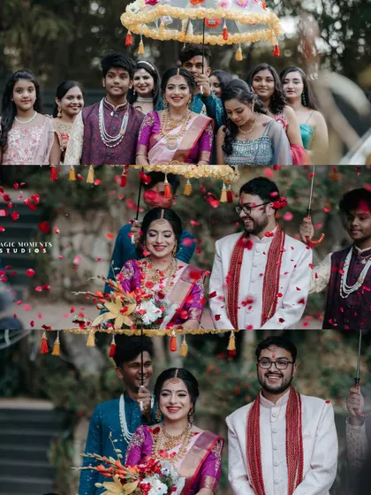 The bride's grand entrance at her engagement ceremony, surrounded by family and showered with rose petals.