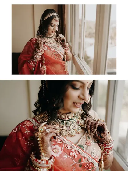A collage showing the bride getting ready. These portraits capture the final touches, focusing on her intricate jewelry and happy expression.