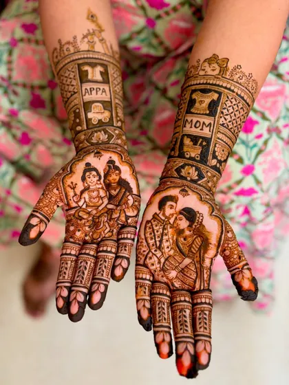 A full view of a highly personalized baby shower mehendi, with portraits of Radha-Krishna and the couple.