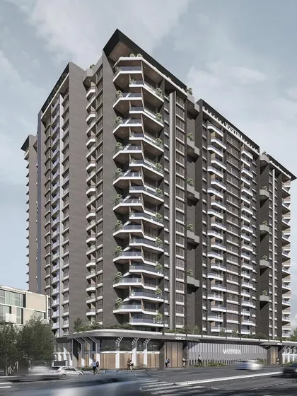 A render of a residential tower showcasing a dynamic facade with angular, projecting balconies. This design demonstrates the triumph of human imagination over materials and methods, creating a unique and modern living environment.