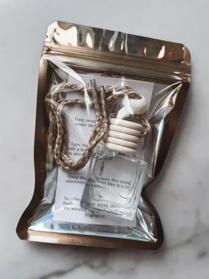 Your car freshener will arrive in this secure, resealable pouch. The packaging includes instructions and keeps the product safe until you are ready to use it.