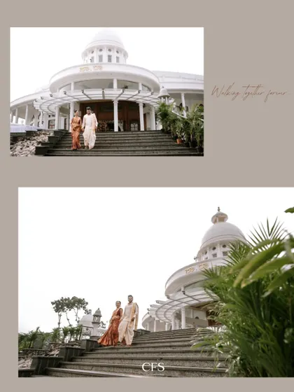 A wide shot of the couple descending the steps of a magnificent venue. This architectural portrait emphasizes the grandeur and scale of their wedding day.